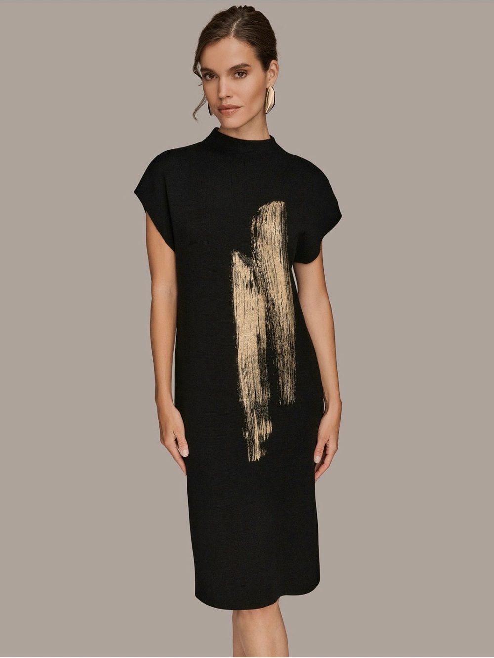 NWT Donna Karan Black High Neck Sweater Dress with Gold Brushstroke. XLARGE